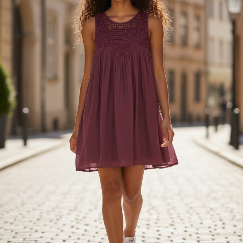 LOFT XS Burgundy Lace Yoke Shift Mini Dress Sleeveless Flowy Boho Lined EUC - Picture 1 of 4